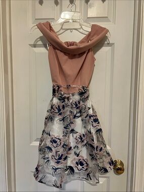 B Darlin Blush Pink Bodice with Navy & Blush Floral Skirt Dress